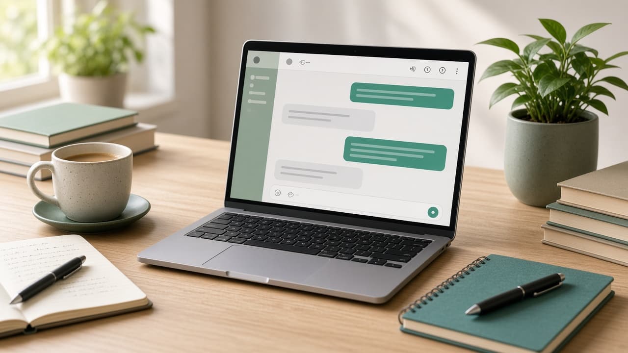 Laptop on a desk showing a simple AI assistant in a realistic workplace setting