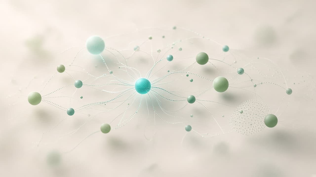 Abstract network of teal and sage nodes representing AI search visibility